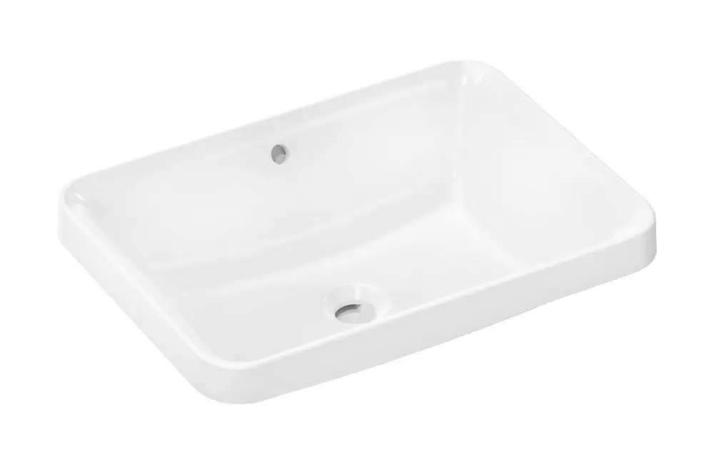 Weißer Einbauwaschtisch mit rechteckiger Form und Überlauf, von Hansgrohe, ohne Hahnloch, für die Montage in Badezimmermöbel.